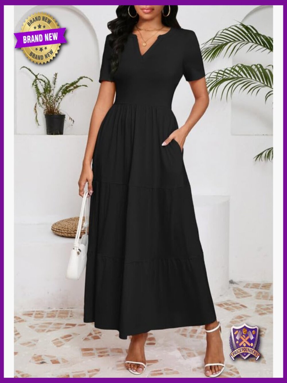 Women's Casual Loose Maxi Dress with Pockets V Neck Short Sleeve Tiered Long - Picture 4 of 7
